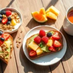 A light breakfast featuring Greek yogurt, berries, and whole-grain toast.
