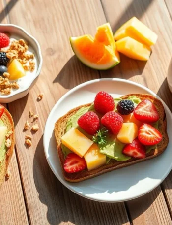 A light breakfast featuring Greek yogurt, berries, and whole-grain toast.
