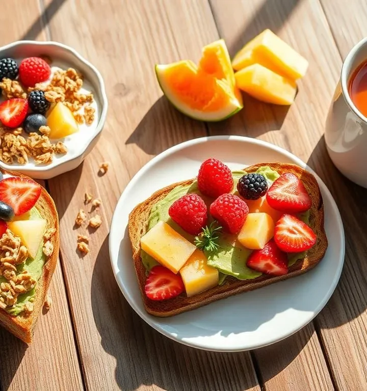 A light breakfast featuring Greek yogurt, berries, and whole-grain toast.