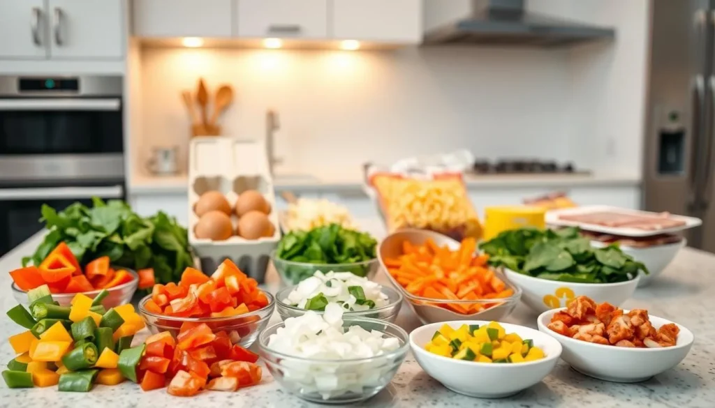 Breakfast Casserole Preparation Tips A freshly baked breakfast casserole being prepared with eggs, cheese, and vegetables in a baking dish.