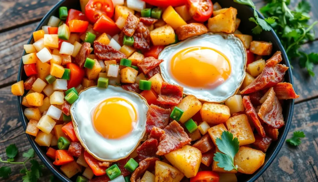 Breakfast Skillet Ingredients Fresh ingredients for a breakfast skillet recipe: potatoes, eggs, and veggies