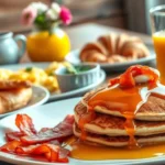 A variety of delicious breakfast casserole recipes alongside pancakes, eggs, avocado toast, and fresh fruit on a wooden table.