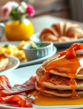 A variety of delicious breakfast casserole recipes alongside pancakes, eggs, avocado toast, and fresh fruit on a wooden table.