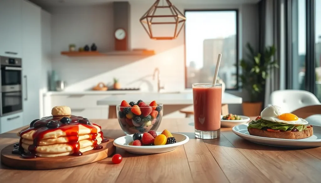 Modern Breakfast Recipes Reimagined A creative selection of modern breakfast recipes, including smoothie bowls, avocado toast, protein-packed pancakes, and gourmet coffee.