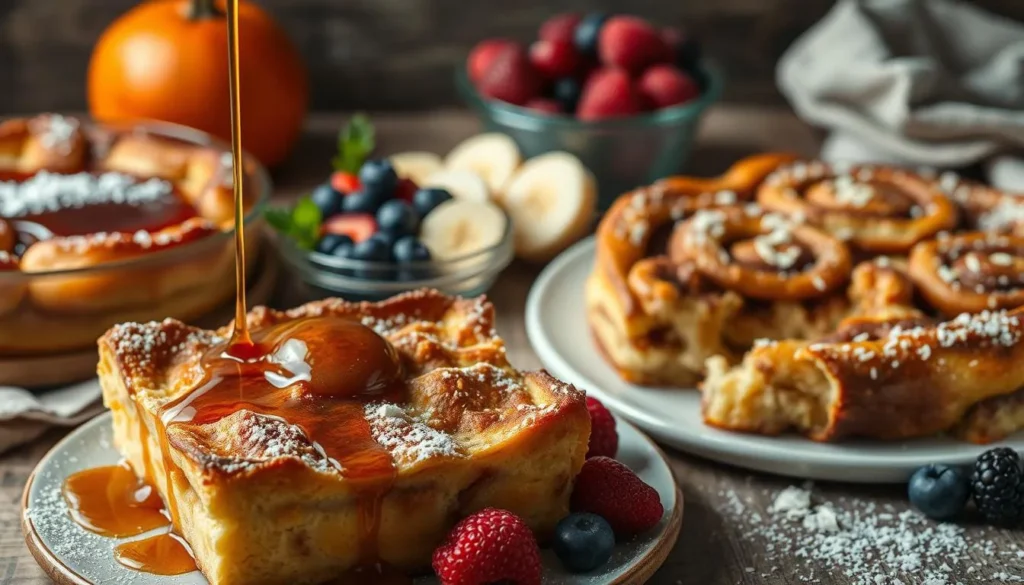 Sweet Breakfast Casserole Variations A delicious sweet breakfast casserole with layers of baked cinnamon rolls, fresh berries, and powdered sugar.