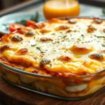 A freshly baked dish from breakfast casserole recipes, filled with eggs, cheese, and vegetables, served in a baking dish.