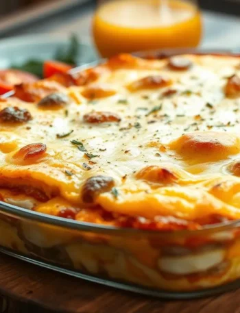 A freshly baked dish from breakfast casserole recipes, filled with eggs, cheese, and vegetables, served in a baking dish.