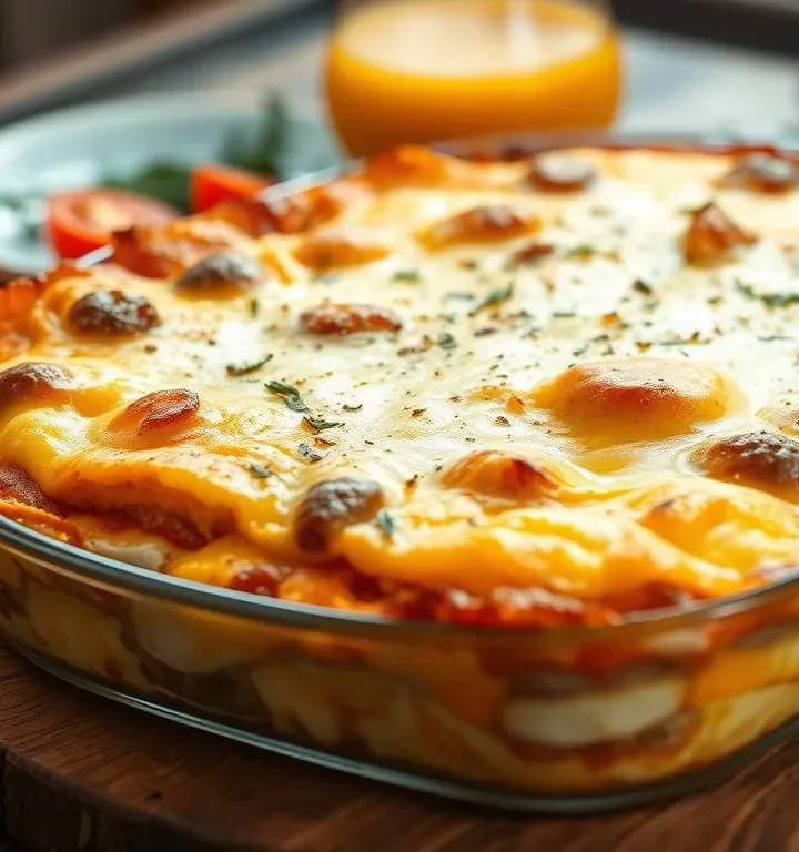 A freshly baked dish from breakfast casserole recipes, filled with eggs, cheese, and vegetables, served in a baking dish.