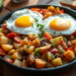 Finished breakfast skillet recipe with crispy potatoes, eggs, and veggies