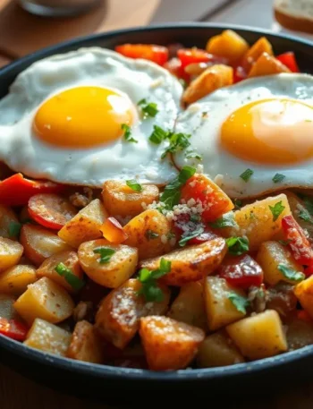 Finished breakfast skillet recipe with crispy potatoes, eggs, and veggies