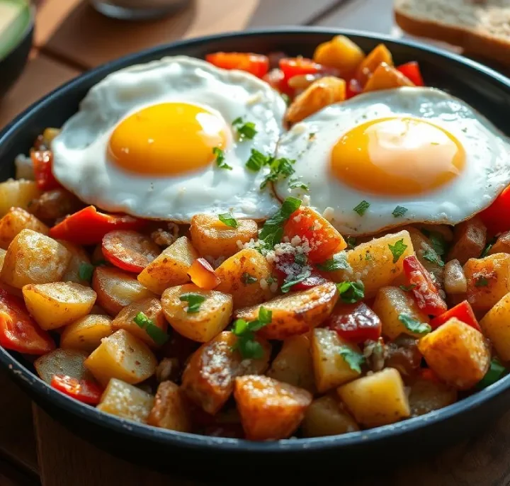 Finished breakfast skillet recipe with crispy potatoes, eggs, and veggies