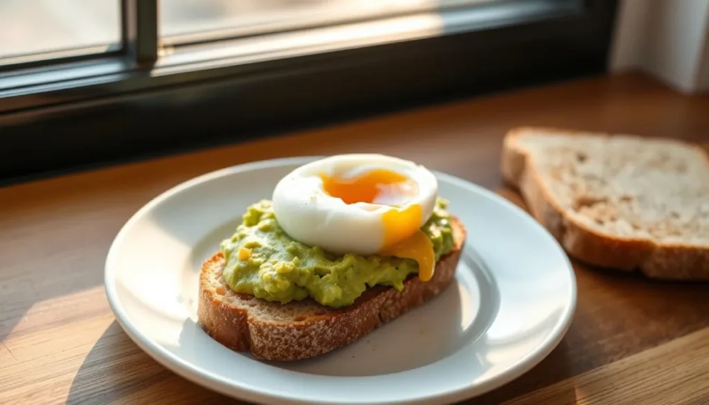 A slice of simple avocado toast with egg, topped with mashed avocado and a poached egg, surrounded by sunny-side-up, soft-boiled, and scrambled eggs.