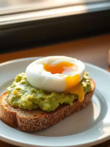 A slice of simple avocado toast with egg, topped with mashed avocado and a poached egg, surrounded by sunny-side-up, soft-boiled, and scrambled eggs.