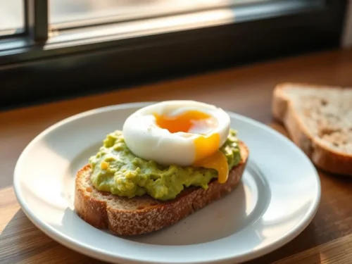 A slice of simple avocado toast with egg, topped with mashed avocado and a poached egg, surrounded by sunny-side-up, soft-boiled, and scrambled eggs.
